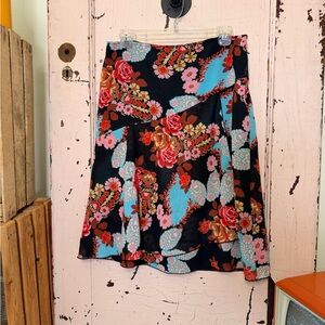 90’s Floral Asymmetrical Skirt in Black with Turquoise & Pink Accents